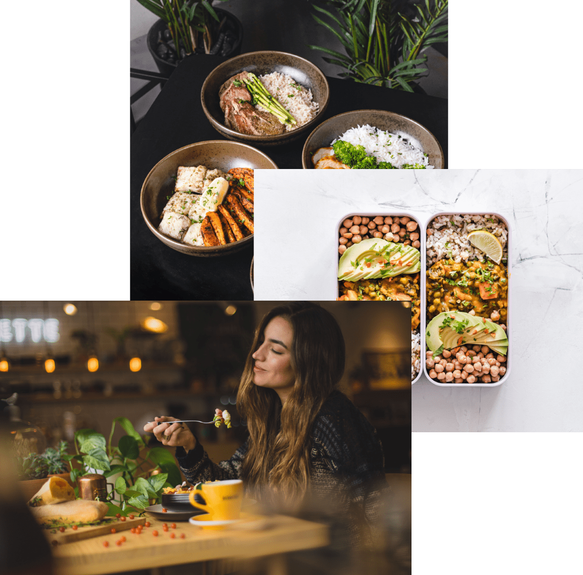 Woman enjoying food, meals in storage container and food bowls on a table